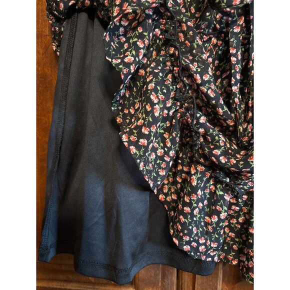 Floral Black Ruffle Mini Skirt With Elastic Waist & Tie By Sienna Sky Size M - Picture 5 of 11